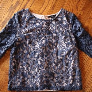 Navy and creme lace 3/4 sleeve dressy top